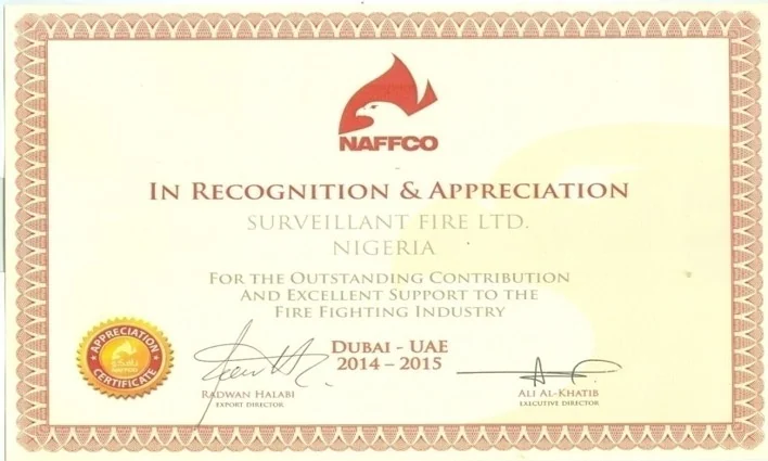 NAFFCO recognition and appreciation certificate